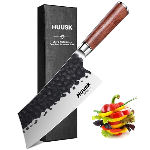 Huusk Cleaver Knife, 7' Japanese Professional Kitchen Knife, High Carbon Steel Sharp Chef Knife for Meat and Vegetable Chopping Knife with Ergonomic Rosewood Handle Gift Box