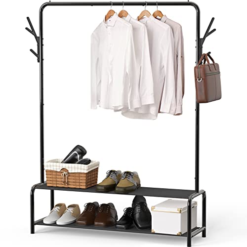 Simple Houseware Garment Rack with Storage Shelves and Coat/Hat Hanging Hooks