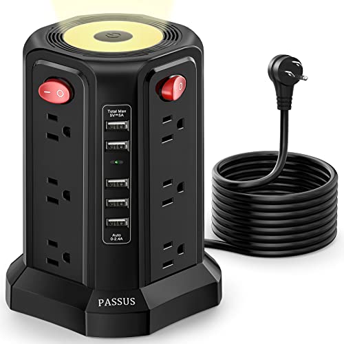 Surge Protector Power Strip Tower with 5 USB Ports and Night Light,10FT Extension Cord with 12 AC Multiple Outlets, PASSUS Power Tower Overload Protection for Home Office Dorm Room Essentials(Black)