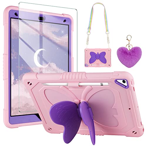 WESADN for iPad 9th Generation Case 8th 7th Gen 10.2 inch with Screen Protector/Butterfly Kickstand/Lanyard/Keychain Rugged Case with Pencil Holder for Kids Girls Cover for iPad 10.2 Case Pink Purple