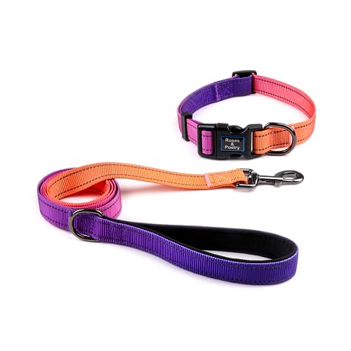 Roses&Poetry Reflective Dog Collar and Leash Set, Purple Martingale Dog Collar and Leash for Medium Dogs, Adjustable Durable Nylon Pet Collars with Leashes for Walking,Playing,Training（Mistyrose-M）