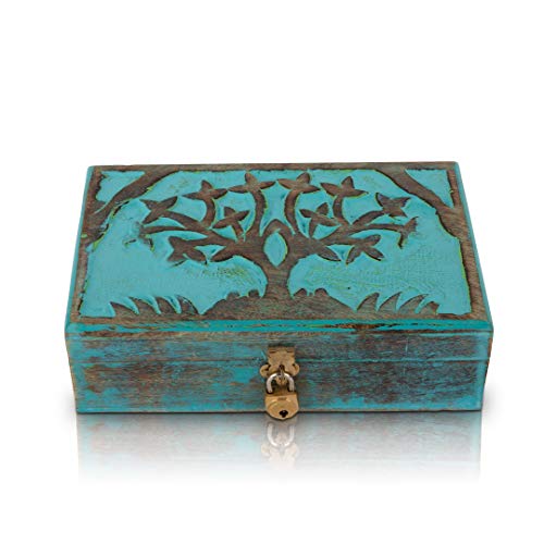 Great Birthday Gift Ideas Handmade Decorative Wooden Jewelry Box Tree Of Life Carving & Lock & Key Jewelry Organizer Keepsake Box Treasure Chest Trinket Holder Watch Box Storage Lock Box 8 x 5 Inches