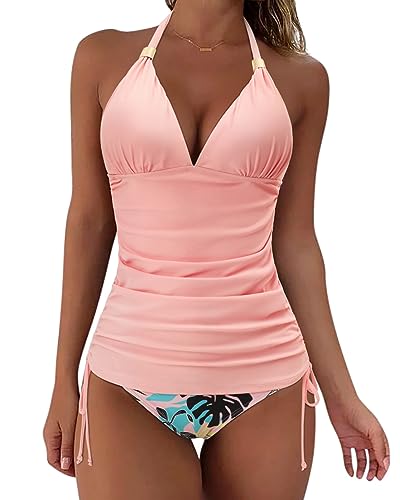 SUUKSESS Women Halter Tankini Bathing Suits Sexy Slimming Tummy Control Swimsuits 2 Pieces (Pink Floral, L)