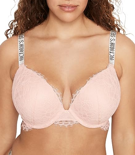 Victoria's Secret Shine Strap Push Up Bra, Adds One Cup Size, Padded, Plunge Neckline, Lace, Bras for Women, Very Sexy Collection, Pink (34B)