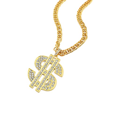 Sanglarst Gold Chain Necklace with Dollar Sign, 25.6 Inch Golden Ultra Luxury Looking Feeling Real Solid 14K Gold plated Curb Fake Neck Chain for Party Dancing