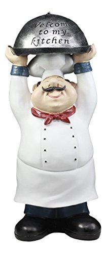 Ebros Master Bistro Chef Holding Melting Dome Tray Statue 14'Tall Head Cook With 'Welcome To My Kitchen' Sign Decor Figurine