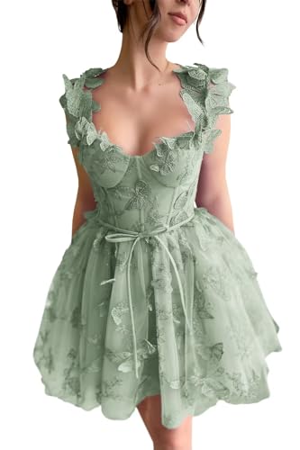 Qgeno 3D Butterfly Lace Applique Homecoming Dresses Sweetheart Spaghetti Straps A Line Puffy Short Tulle Mini Dress Sage Green 2024 Graduation Cocktail Party Gowns for Teens US18W