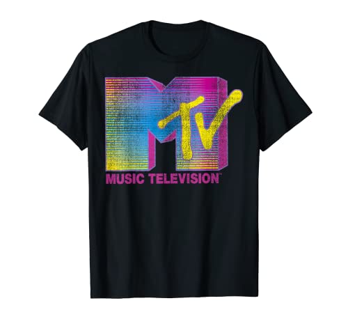 MTV Distressed Fluorescent Gradient Logo Crew Neck Classic Fit T-Shirt - Black, Adult