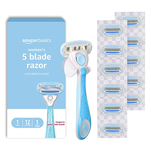 Amazon Basics 5-Blade Razor for Women, Handle, 12 Cartridges & Shower Hanger (Cartridges fit Amazon Basics Razor Handles only)