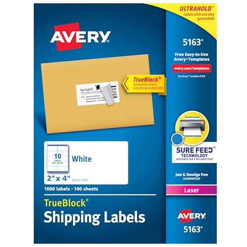 Avery Printable Shipping Labels with Sure Feed, 2' x 4', White, 1,000 Blank Mailing Labels (5163)