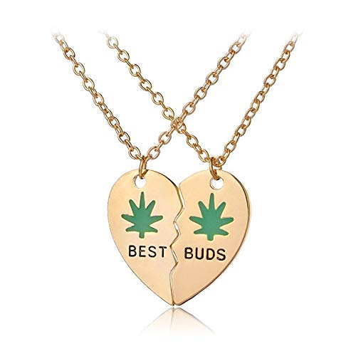 Art Attack Broken Heart Best Buds Chain Necklace, CBD THC Marijuana Pot 420 Weed Ganja Best Friends Besties Love BFF Matching Pendant Charm Gift Set (Gold)