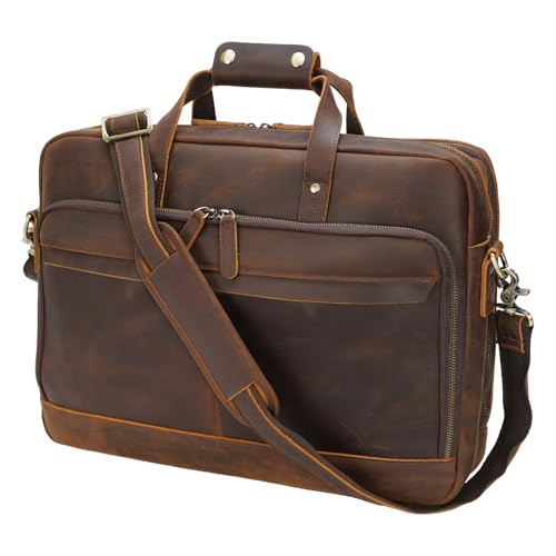 Masa Kawa Leather Briefcase for Men 17' Laptop Crossbody Shoulder Messenger Office Bag Brown Vintage Attache Case Handbag for Business Travel Work Lawyer Large