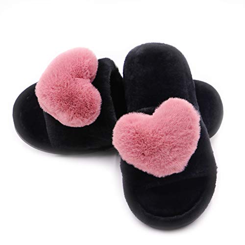 Crazy Lady Women's Fuzzy Fluffy Furry Fur Slippers Flip Flop Open Toe Cozy House Memory Foam Sandals Slides Soft Flat Comfy Anti-Slip Spa Indoor Outdoor Slip on (01/Rose, 7.5-8.5 M US)