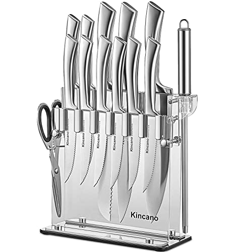 Knife Set, 14 PCS High Carbon Stainless Steel Super Sharp Kitchen Knife Set for Chef with Acrylic Stand, include Steak Knives, Sharpener and Scissors, Ergonomical Design by kincano