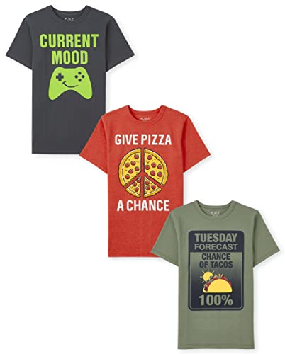 The Childrens Place Boys' Assorted Everyday Short Sleeve Graphic T-Shirts,Multipacks, Current Mood/Pizza Chance/Taco Tues 3-Pack, Large