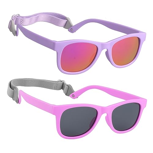 HXS 2-Pack Polarized Toddler Sunglasses with Strap for 2-4 Year Olds,Purple & Rose Red