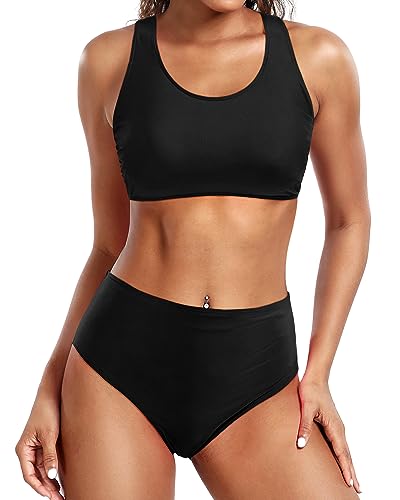 Holipick Women High Waisted Two Piece Bikini Sports Crop Top Swimsuit Scoop Neck Bathing Suit for Teen Girls with Bottom Black