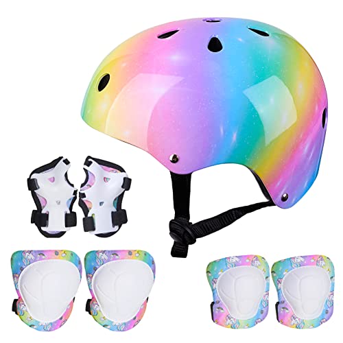 FIODAY Kids Helmet Knee Pads for Kids Unicorn Knee and Elbow Pads Wrist Guards Adjustable Protective Gear Set for Girls Boys Sports Skateboard Inline Skating Scooter, Rainbow, 3-8 Years