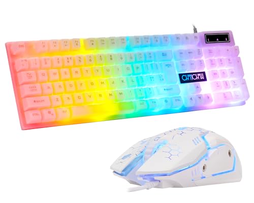 CHONCHOW Keyboard and Mouse Combo Gaming Wired Gamer Set Ambient Backlight LED RGB Key Board & Mice 19 Non-Conflict 3600Dpi Compatible with PS4/PS5 Xbox One Pc iMac MacBook Laptop(White Transparent)