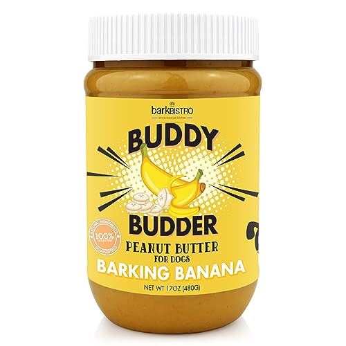 BUDDY BUDDER Barkin' Banana, 100% Natural Dog Peanut Butter, Healthy Peanut Butter Dog Treats, Stuff in Toy, Dog Enrichment, Pill Pocket for Dogs, Made in USA (17oz Jars)