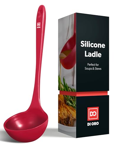 DI ORO Silicone Ladle – Soup Ladle for Cooking & Serving Heat-Resistant - Large Kitchen Soup Ladle Nonstick Cookware Safe - Soup Serving Spoon with Wide Bowl - Silicone Utensil Dishwasher Safe (Red)