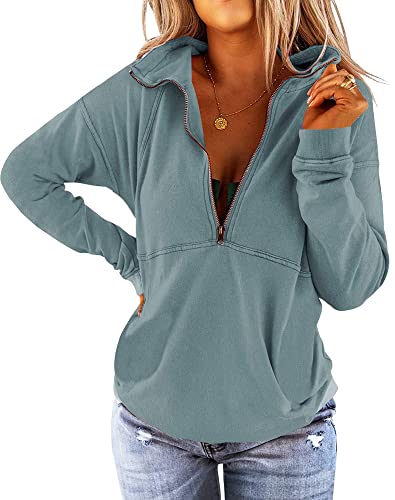 Floral Find Women's Long Sleeve Lapel Half Zip Up Sweatshirt Solid Stylish Loose Fit Casual Pullover Tops Mint Green