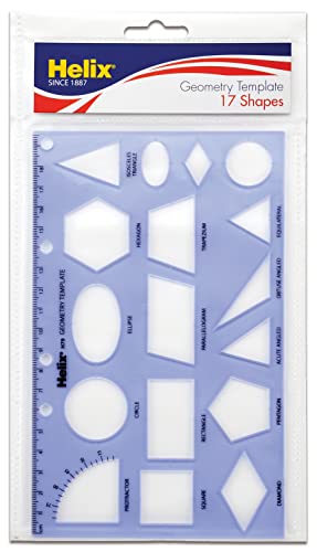 Helix - Geometry Shapes Plastic Drawing Template - 17 Shapes - Translucent & Flexible - 20cm Ruler - Smudge-Resistant - 4 7/8 Inch x 7 13/16 Inch
