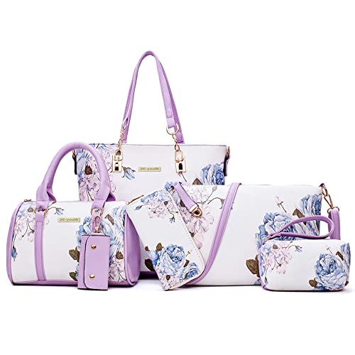 2E-youth Women Designer Purses And Handbags Set Satchel Shoulder Bags Tote Bags 6pcs Wallets (purple&white)