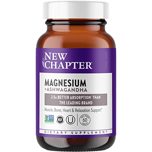 New Chapter Magnesium + Ashwagandha Supplement, 325 mg with Magnesium Glycinate, 2.5x Absorption, Muscle Recovery, Heart & Bone Health, Calm & Relaxation, Gluten Free, Non-GMO - 60 ct (2 Month Supply)