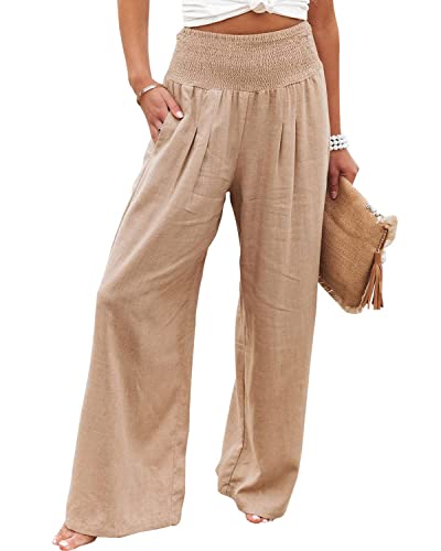 Vansha Women Summer High Waisted Cotton Linen Palazzo Pants Wide Leg Long Lounge Pant Trousers with Pocket Khaki XL