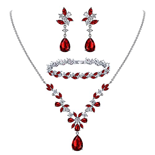 EleQueen Women's Wedding Bridal Jewelry Set for Brides Bridesmaids, Sparkle Cubic Zirconia Teardrop Necklace Dangle Earrings Bracelet Sets for Party Prom Ruby Color