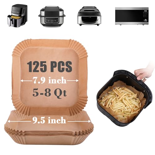 GOAUS Air Fryer 125 Pcs Square Paper Liners Disposable Large for 5 to 8 Qt Basket, 7.9 inch Unbleached Non-stick Oil-proof Parchment Paper