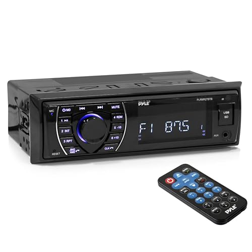 Pyle Bluetooth Marine Receiver Stereo - 12v Single DIN Style Boat In dash Radio Receiver System with Digital LCD, RCA, MP3, USB, SD, AM FM Radio - Remote Control, Wiring Harness - PLRMR27BTB (Black)