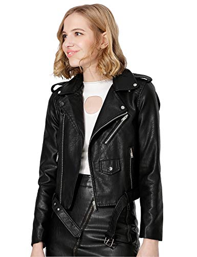 Jhichic Women's Faux Leather Textured Short Moto Jacket Zip-up Slim PU Biker Coat with Pockets (Black, XL)