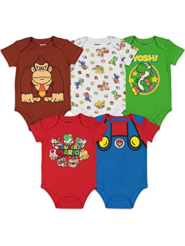 Super Mario Nintendo Mario Yoshi Donkey Kong Browser Lugi Toad Newborn Baby Boys 5 Pack Short Sleeve Bodysuits MulticoloRed 6-9 Months