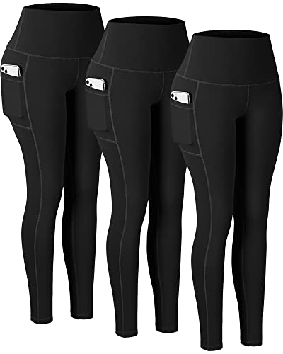 CHRLEISURE Leggings with Pockets for Women, High Waisted Tummy Control Workout Yoga Pants(3Packs 3Black, M)