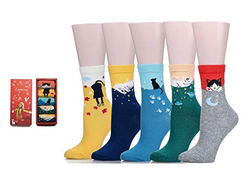 Leotruny Women's Colorful Cute Cat Cotton Socks with Gift Box (Women shoe size:5-10, 5pairs-multicolor)