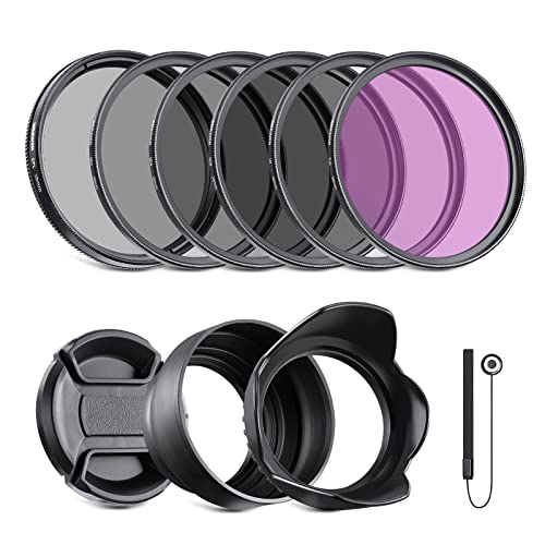 NEEWER 58mm ND Filter Kit and Lens Accessories, ND2 ND4 ND8 UV FLD CPL(Circular Polarizing) Filter Set with Lens Cap/Tulip Shaped Lens Hood
