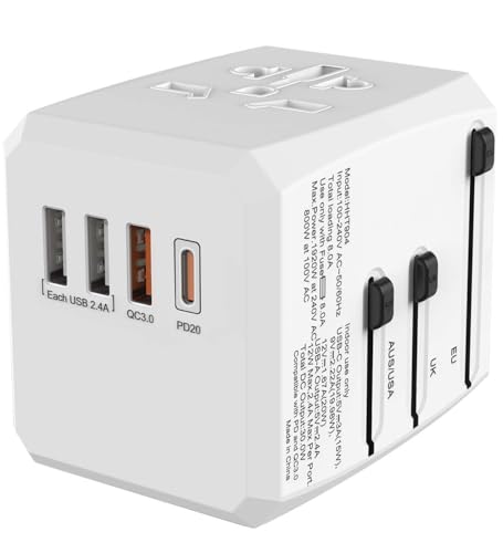 Universal Travel Adapter Worldwide, International Travel Plug Adapter with USB-C and 3 USB-A Ports Supports PD and QC Fast Charging, All in One Power Adapter USA to Europe UK EU AUS