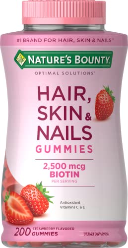 Nature's Bounty Optimal Solutions Hair, Skin and Nails Gummies with Biotin, 25000 mcg, Strawberry Flavored, 200 Count