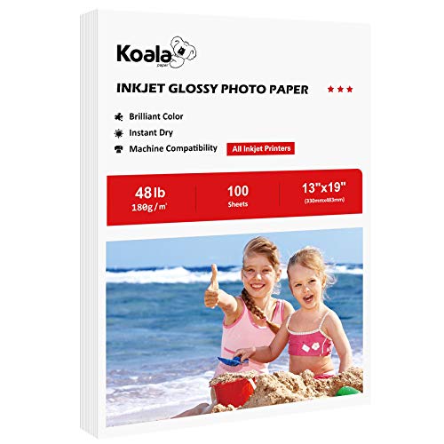 Koala Glossy Inkjet Photo Paper 13X19 Inches 48lb 100 Sheets Professional Glossy Photographic Paper Compatible with Inkjet Printer Use DYE INK 180GSM