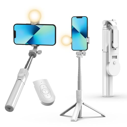 IEVICRE 43'' Selfie Stick Tripod, Extendable Selfie Stick with Light, Wireless Remote Bluetooth Selfie Stick for iPhone 15 14 13 Pro Max, and More Smartphones White