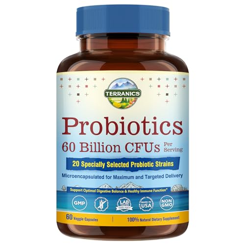 Terranics Probiotics 60 Billion CFU, 20 Strains, 60 Veg Capsules, Prebiotics & Probiotics, Shelf Stable Probiotic Supplement for Men & Women, Digestive & Immune Health, Non-GMO, NO Soy, Dairy & Gluten