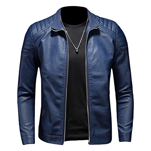 Maiyifu-GJ Mens Faux Leather Motorcycle Jacket Lightweight Slim Fit Stand Collar PU Coat Vintage Zip Up Casual Biker Jackets (Blue,X-Large)