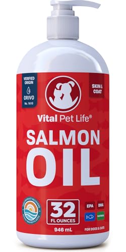 Salmon Oil for Dogs & Cats - Healthy Skin & Coat, Fish Oil, Omega 3 EPA DHA, Liquid Food Supplement for Pets, All Natural, Supports Joint & Bone Health, Natural Allergy & Inflammation Defense, 32 oz