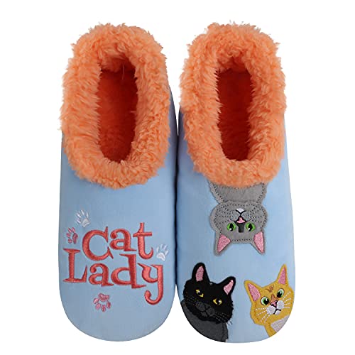 Snoozies Pairable Slipper Socks - Funny House Slippers for Women, Non-Slip Fuzzy Slipper Socks - Cat Lady - Medium