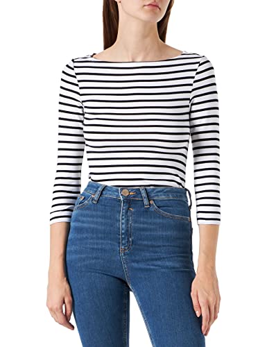 Amazon Essentials Women's Slim-Fit 3/4 Sleeve Solid Boat Neck T-Shirt, White Stripe, Large