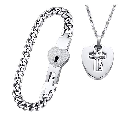 His & Hers Matching Set My Heart Needs Your Key Couple Heart Lock Bracelet and Key Pendant Necklace Key and Lock Couple Jewelry in a Gift Box (KEY)