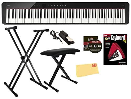 Casio Privia PX-S1100 Digital Piano Bundle with Adjustable Stand, Bench, Sustain Pedal, Instructional Book, DVD, Online Piano Lessons, and Polishing Cloth - Black