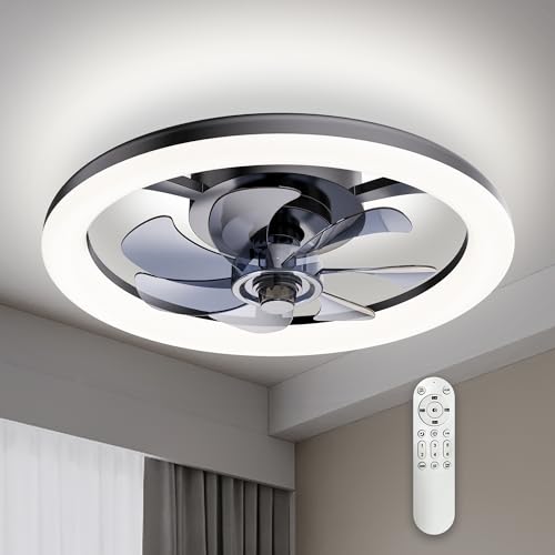Sunny Hawaii Ceiling Fans with Lights, Flush Mount Ceiling Fan with Lights and Remote, 6 Wind Speeds Smart Low Profile Ceiling Fan for Bedroom, Kids Room and Living Room (Black)